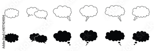 Though bubble speech bubble set. Outline and solid black cloud bubble message thinking speech bubble collection. Set of speech bubble.