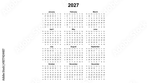 2027 year english vector calendar with week numbers
