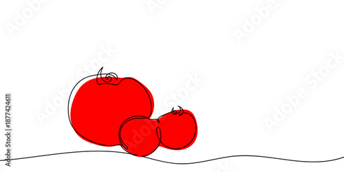 Three tomatoes. A continuous, single-line art illustration with color. line drawing vector Editable stroke.