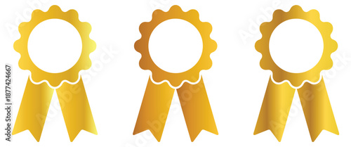 Gold, silver, bronze ribbons award medals vector, recognition symbols for achievement, prize, honor, competition, and celebration designs.