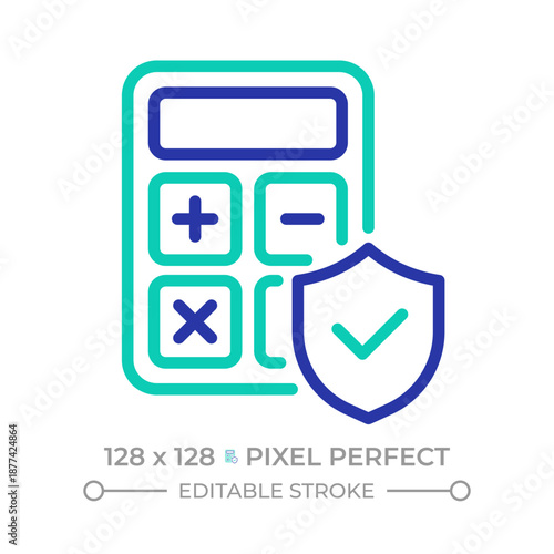 Secure calculation pixel perfect two color line icon. Financial tools. Calculator with a verified shield bicolor outline symbol. Duotone linear pictogram. Isolated illustration. Editable stroke