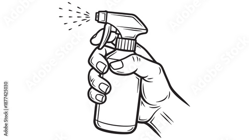Professional hand holding a disinfectant spray bottle for workplace hygiene sanitation and corporate facility management health safety business branding.