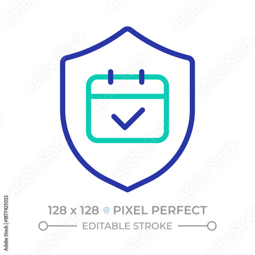 Secure scheduling pixel perfect two color line icon. Insurance period. Shield with a calender bicolor outline symbol. Duotone linear pictogram. Isolated illustration. Editable stroke