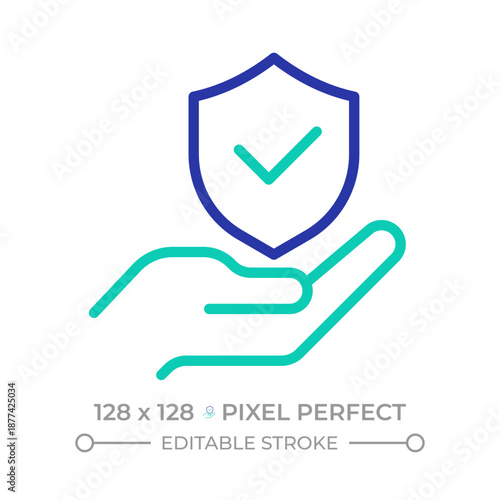 Safety assurance pixel perfect two color line icon. Approved mark. Security guarantee. Hand with a shield bicolor outline symbol. Duotone linear pictogram. Isolated illustration. Editable stroke
