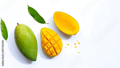 A green mango, sliced mango, and leaves on white