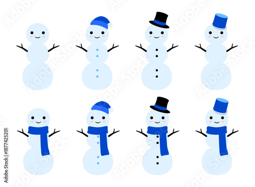 かわいい３段雪だるまのセット　青　透過