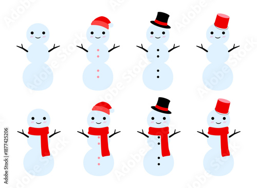 かわいい３段雪だるまのセット　赤　透過