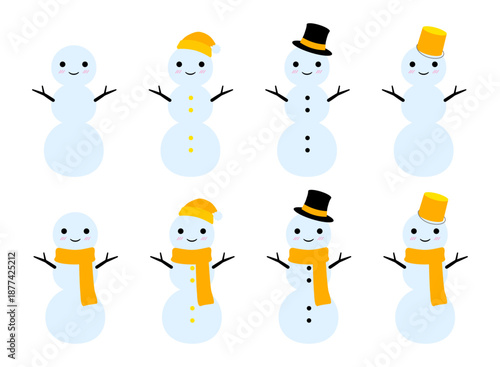 かわいい３段雪だるまのセット　黄　透過
