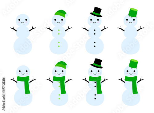 かわいい３段雪だるまのセット　緑　透過