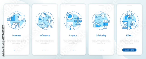 Stakeholder prioritization model blue onboarding mobile app screen. Walkthrough 5 steps editable graphic instructions with linear concepts. UI, UX, GUI. Montserrat SemiBold, Regular fonts used