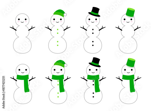 かわいい３段雪だるまのセット　緑　線あり