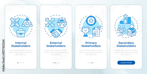 Common types of stakeholders blue onboarding mobile app screen. Walkthrough 4 steps editable graphic instructions with linear concepts. UI, UX, GUI. Montserrat SemiBold, Regular fonts used
