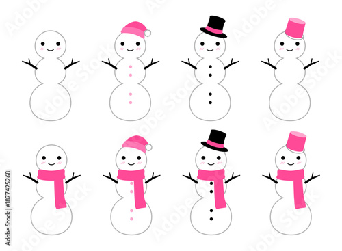 かわいい３段雪だるまのセット　ピンク　線あり