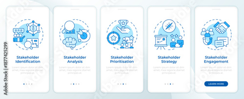 Stakeholder management blue onboarding mobile app screen. Walkthrough 5 steps editable graphic instructions with linear concepts. UI, UX, GUI. Montserrat SemiBold, Regular fonts used