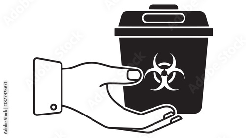 Hand holding a biohazard waste container for clinical sharps disposal and medical facility sanitation safety compliance business standards resources.