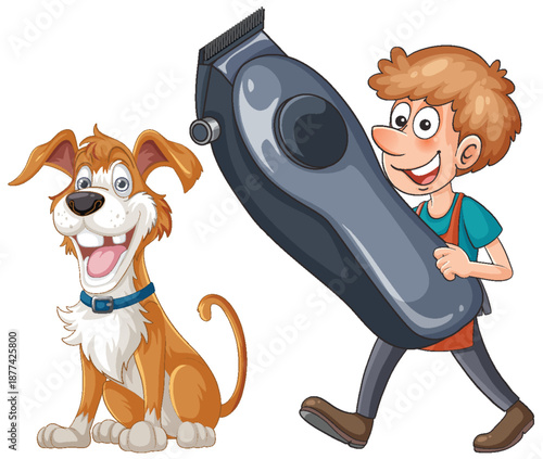 Cartoon Dog Groomer Carrying Large Electric Clipper