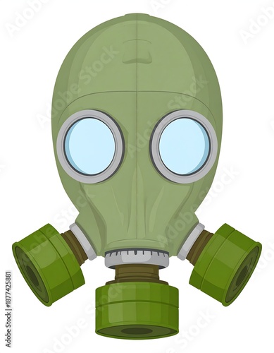 A green gas mask with round eye lenses and two green filters