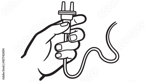 Hand holding an electrical power plug and cable for energy efficiency maintenance and corporate utility management business marketing resources.
