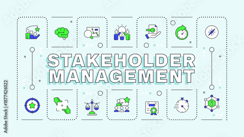 Stakeholder management light blue word concept. Strategic planning, project management. Typography banner. Vector illustration with title text, editable icons color. Hubot Sans font used