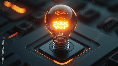 95.A 3D rendering of a glowing light bulb placed on a button, symbolizing the spark of a creative startup idea. The light bulb radiates innovation, with sleek, futuristic lines and a clean, high-tech