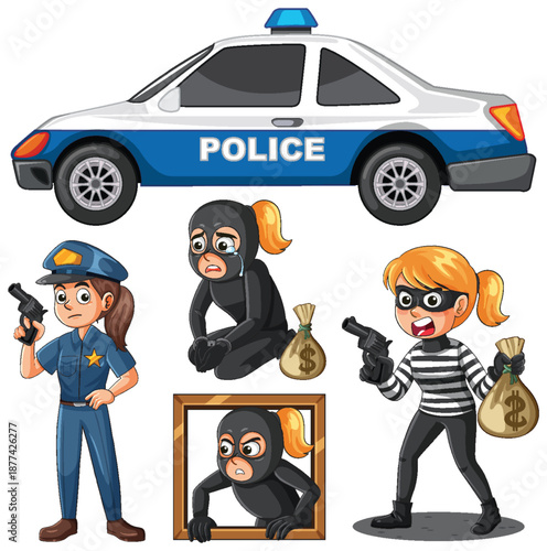 Female Police Officer and Thief Characters with Police Car
