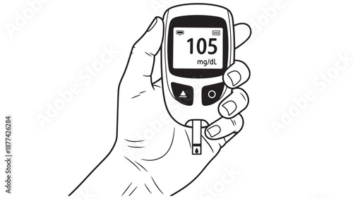 Hand holding a digital blood glucose meter glucometer for diabetes monitoring and clinical healthcare business service branding identity resources.