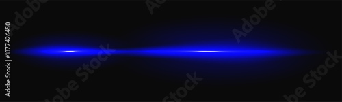 Blue light beam with flare laser line and neon speed effect for digital background. Bright horizontal streak with shine glow in black dark space. Abstract vector motion ray isolated overlay