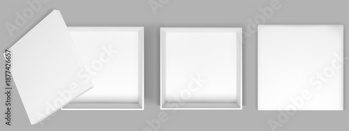 Square white box from top view with open cardboard package and realistic shadow. Empty 3d square gift container with paper cover and front perspective. Vector mockup above background isolated