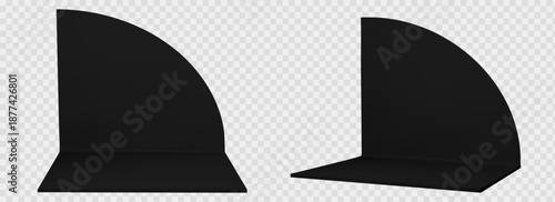 3d black booth set with round corner stand and mockup wall for exhibition tradeshow. Empty room with square office panel and showroom display space. Vector trade fair perspective render isolated