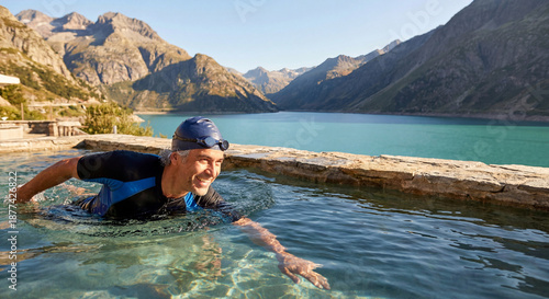 Man Swimming in a Scenic Mountain Pool with Stunning Views