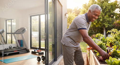 Senior Man Enjoys Gardening in Modern Home with Exercise Equipment