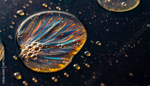 Macro shot of iridescent oil slick on dark water creating vibrant colorful reflections and patterns with small bubbles and bokeh, abstract fluid texture background.