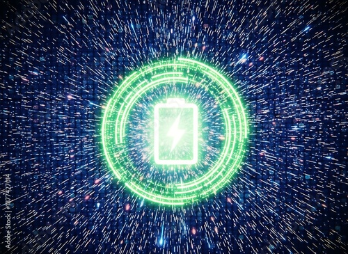 A glowing green battery icon surrounded by concentric circles and lines on a starry night background