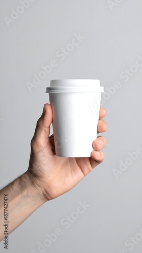 A hand holding a white cup against a gray background