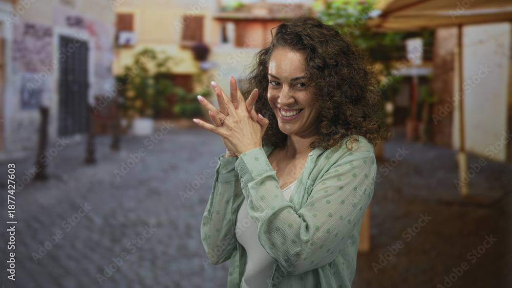 Fototapeta premium Woman clasping hands near chest on cobblestone street in front of old buildings, smiling and leaning forward; playfulness.