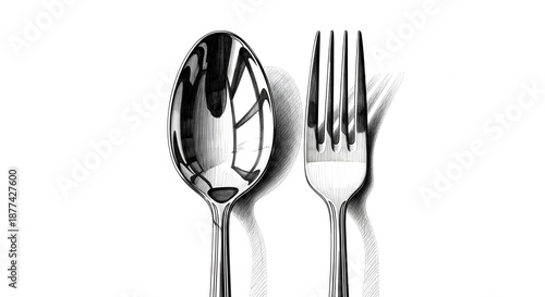 Realistic image of a stainless steel spoon and fork standing side by side on a white background, showing shiny surfaces, soft reflections, and a clean minimalist studio style.