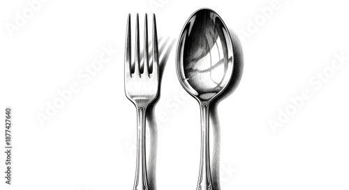 Realistic image of a stainless steel spoon and fork standing side by side on a white background, showing shiny surfaces, soft reflections, and a clean minimalist studio style.