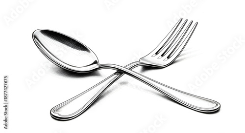 Realistic image of a stainless steel spoon and fork standing side by side on a white background, showing shiny surfaces, soft reflections, and a clean minimalist studio style.