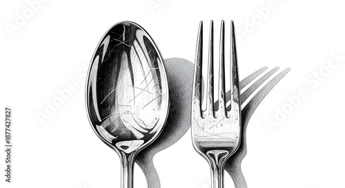 Realistic image of a stainless steel spoon and fork standing side by side on a white background, showing shiny surfaces, soft reflections, and a clean minimalist studio style.