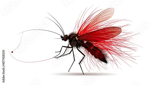 A digitally rendered insect with vibrant red and black coloring