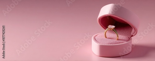 A pink ring box containing an elegant ring, set against a soft pink background, creating a romantic and luxurious atmosphere.