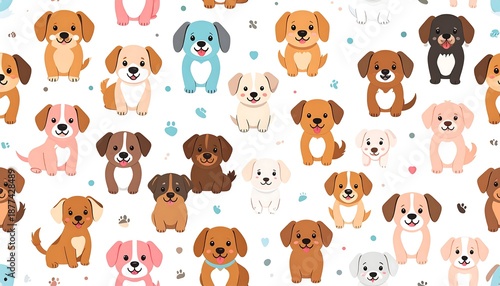 A digital illustration of multiple cartoon dogs on a white background