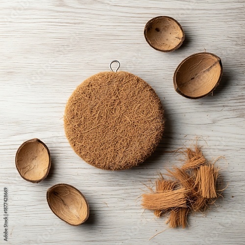 Natural coconut fiber scrub pad with coconut shells on white wooden planks