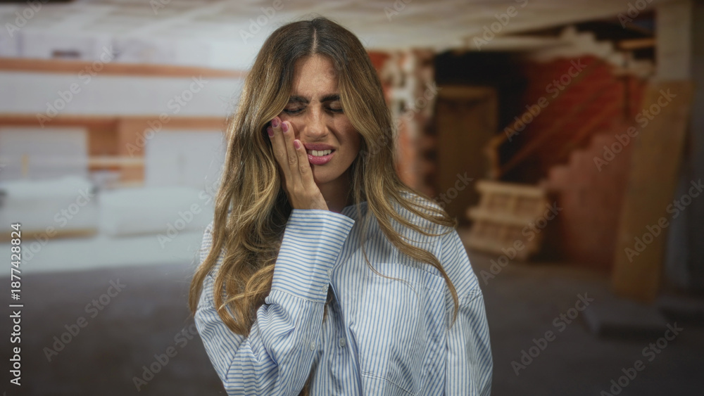 Fototapeta premium Young blonde woman with long hair clutching left cheek with hand at dusty construction site; toothache discomfort.