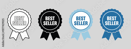 Best seller vector badges set, including outline, solid black, blue, dark blue award icons, isolated on white background for marketing and promotion.