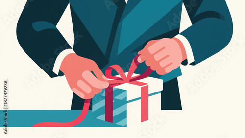 Illustration Of Man Wrapping Valentine Gift Box With Ribbon, Close-Up Hands Vector Design Template