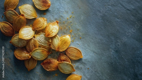 Golden roasted onion petals scattered on rough dark stone background with crumbs of sea salt and caramelized juices, abstract gourmet cooking concept
