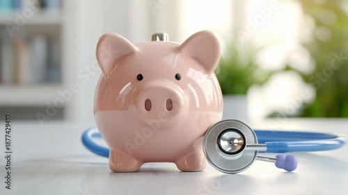 Visual representation of budgeting for healthcare using a piggy bank.