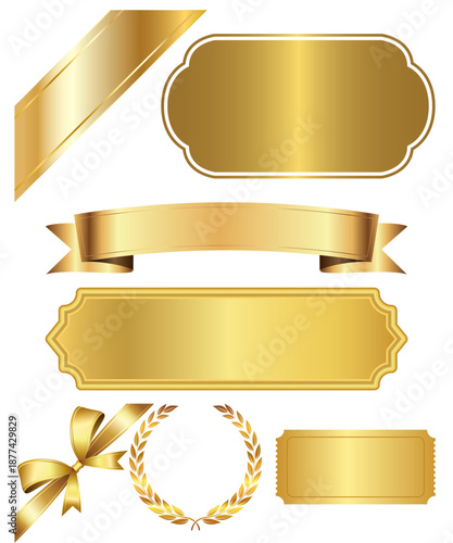 Collection of elegant golden decorative banners ribbons seals laurels and corner accents for award certificates and luxury design elements on transparent background