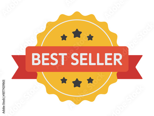 Best seller badge vector illustration, gold medal award icon with red ribbon, stars, and quality seal, perfect for top product promotion and customer choice.